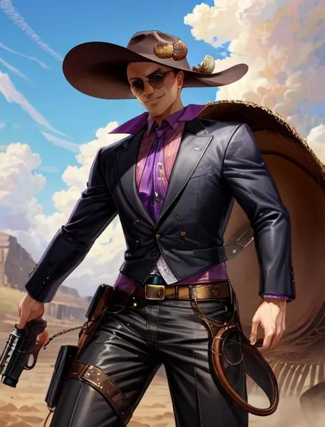 a man in a cowboy outfit holding a gun and a hat