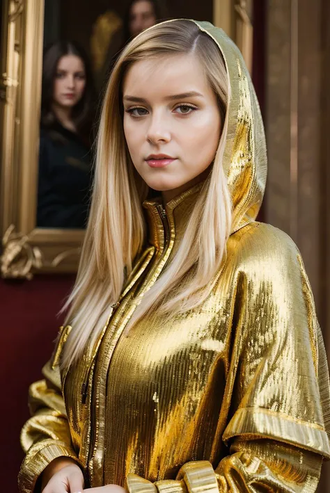 A stunning intricate full color portrait of a beautiful woman, wearing a golden hoodie, Prado Museum, Madrid, lipstick, epic character composition,by ilya kuvshinov, alessio albi, nina masic,sharp focus, subsurface scattering, f2, 35mm, film grain , blonde...