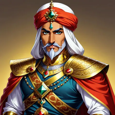 cartoon, the medieval Arabian Elder warrior, adorns himself in a sumptuous Arabian knights attire,((Cowboy shot)), Lots of ornaments, A regal turban graces his head, His attire is bedecked with an array of opulent metals, accentuating his imposing presence...