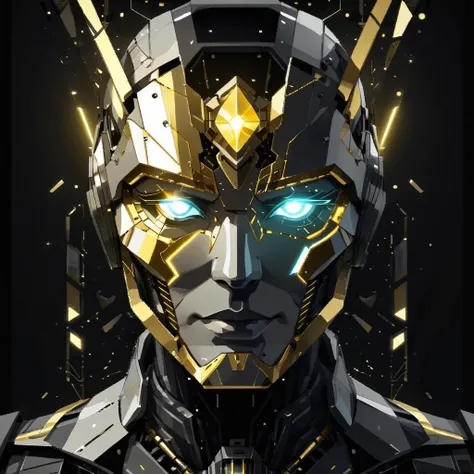 Vrubel style, Extra detailed, sci-fi mechanical face, The light shines in the darkness, and the darkness has not overcome it, soft shadow, minimalistic design, bold lines, parallax designs mixture of white color with small details in both black and gold, b...