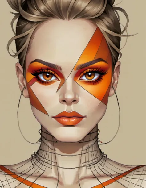 a drawing of a womans face with a red eyeshadow, in the style of bold colorful lines, dark beige and orange, made of wire, flawless line work, captivating portraits, raw and edgy