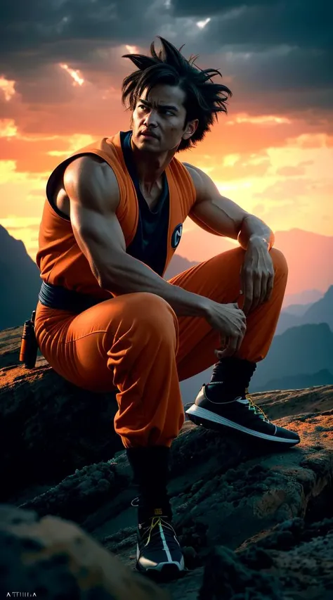 .<lora:sonGokuLora_offset:1>, Photorealistic rendering of Son Goku in his iconic outfit, (detailed muscle definition:1.2), high-quality CG art by ArtStations top artists, (post-apocalyptic setting), (dramatic orange sky), (attention to lighting:1.3), (hype...