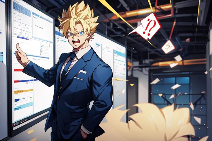 son goku, super saiyan, blonde hair, hands raised in a fighting stance, closed fights, wearing a business suit, 1boy, solo, yelling, angry, pointing to a white board filled with numbers and charts behind him, holding a pointer stick, looking at the viewer,...