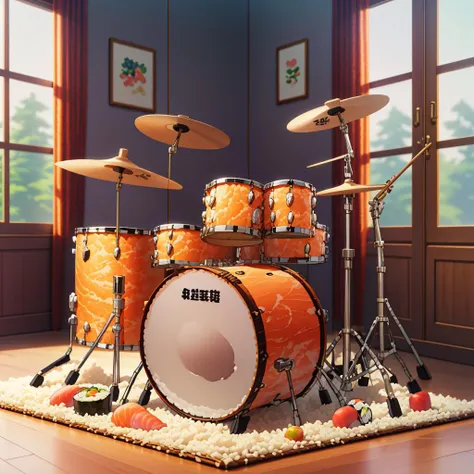 a close up of a drum set on a rug in a room