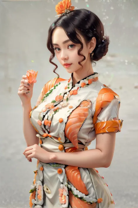 <lora:sushistyle:1.0>, woman wearing a SushiStyle 1950s style dress || masterpiece, perfect quality, sharp focus, shallow depth of field, 8k