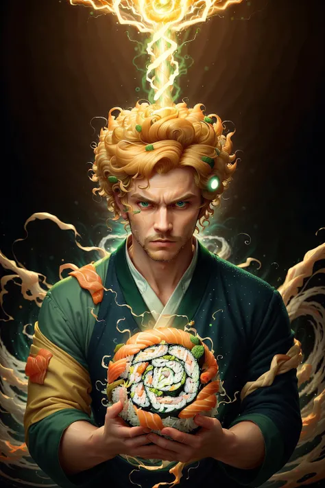 <lora:SushiStyle:1>SushiStyle, solo, masterpiece, best quality, perfect face, medium shot of a Planetary governor with curly medium blonde hair, (surrounded by intense swirling magical energy:1.2), dominant and intimidating, Mint green witch clothes, intri...