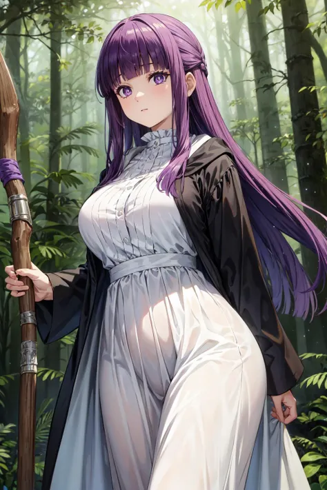 masterpiece,best quality,1girl,aafern,long hair,purple hair,blunt bangs,purple eyes,large breasts,long dress,white dress,black robe,long sleeves,expressionless,holding staff,forest,cowboy shot,<lora:CHAR-Sousou no Frieren-Fern-v1-h_madoka:0.8>,<lora:Concep...