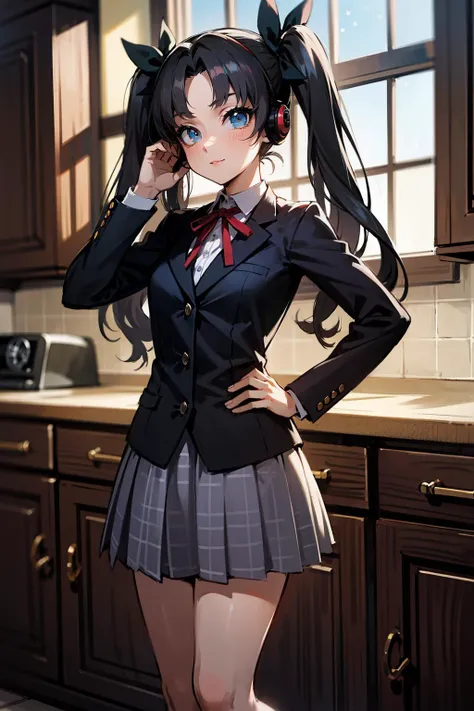 masterpiece, best quality, <lora:EPfsnRin-08:0.7>, EPfsnRin, black hair, very long hair, twintails, two side up, bow, balance, kitchen, night, pray hand on hip, halterneck, checked skirt, drawers, diadem, headphones around neck, wavy mouth, closed mouth