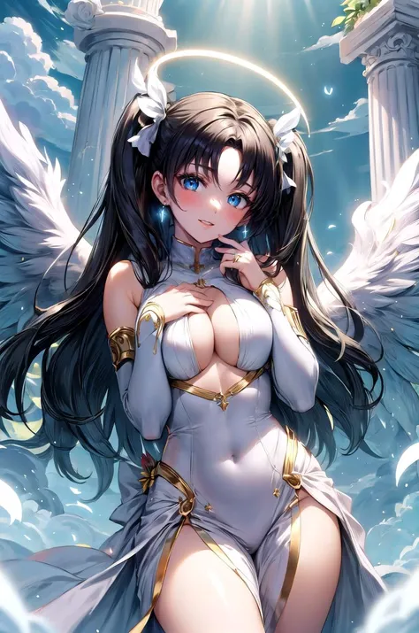 (masterpiece, best quality, detailed), 1girl, solo, looking at viewer, EPfsnRin, black hair, very long hair, twintails, two side up, bow,
<lora:BlessedTech:1>, blessedtech, blessed, aura, medieval, angel, feathered wings, halo, white dress, arch, pillar, c...