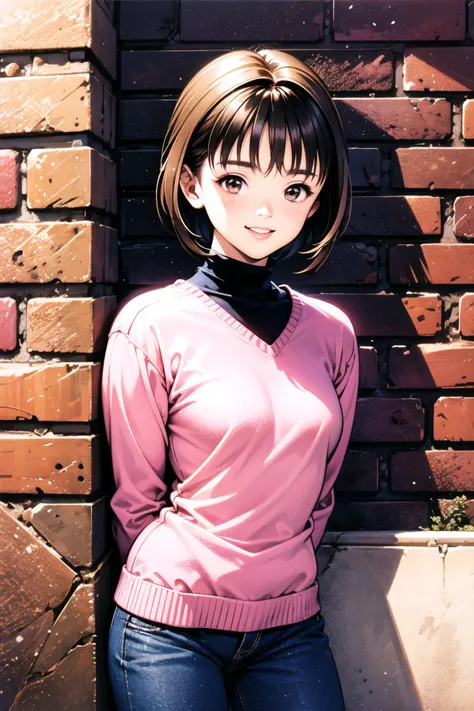 1girl, solo, short hair, brown hair, brown eyes, arms behind back, turtleneck, sweater, pants, brick wall, smile, looking at viewer, <lora:Katsura Masakazu_v3:0.8>