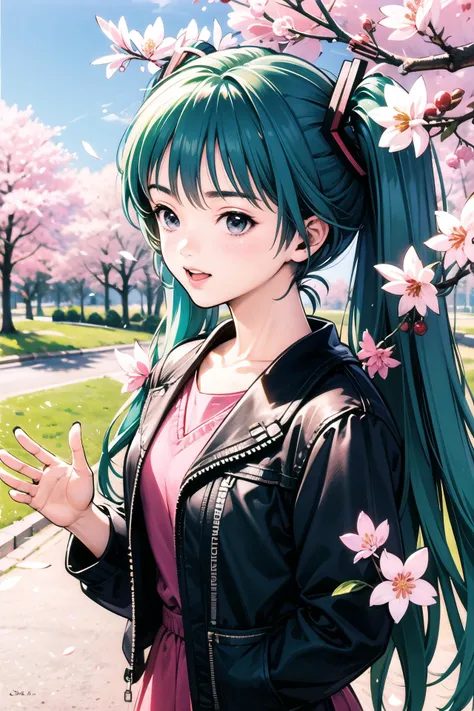 1girl,solo,hatsune miku,open jacket, green hair,cherry blossoms, cherry hair ornament, hanami, sakura,<lora:Katsura Masakazu_v3:0.8>