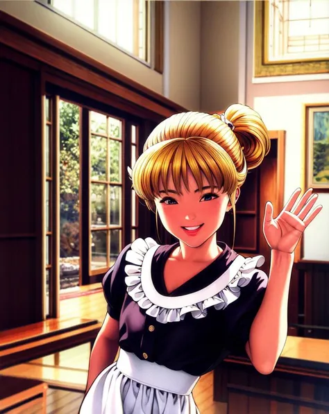 ((best quality)) , ((masterpiece)), ((ultra-detailed)), ((1girl)), (Traditional Media:1.2),(medium), 1990s (style), ((2d:1.2)), blond hair, retro artstyle, solo,  maid, black maid outfit, (expression smiling), nice hands, perfect hands,  expression smiling...