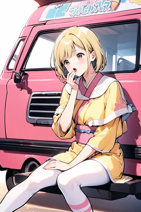 anime girl sitting on the ground next to a pink van