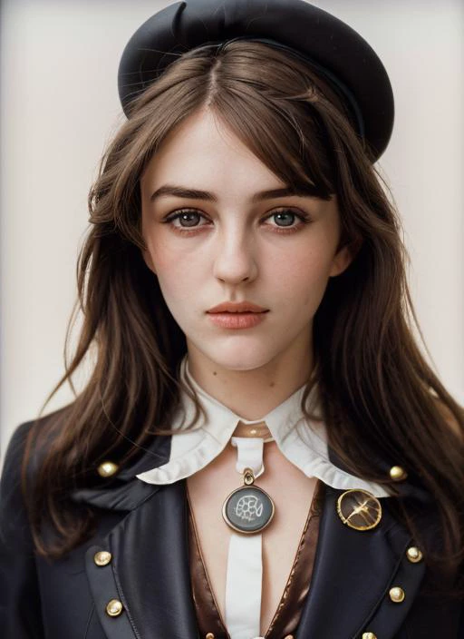 eh1,  (close-up, editorial photograph of a 21 year old woman), (highly detailed face:1.4) background white wall:1.3) (wearing Jules Verne Gentleman Author Attire, Victorian Suit, Cravat, Bowler Hat, Pocket Watch, Leather Shoes) <lora:epiNoiseoffset_v2:1.2>...