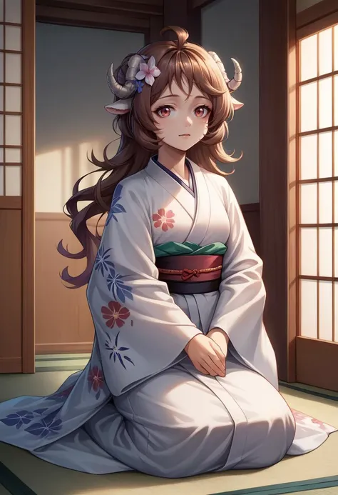 a woman in a kimono sitting on the floor with a flower in her hair