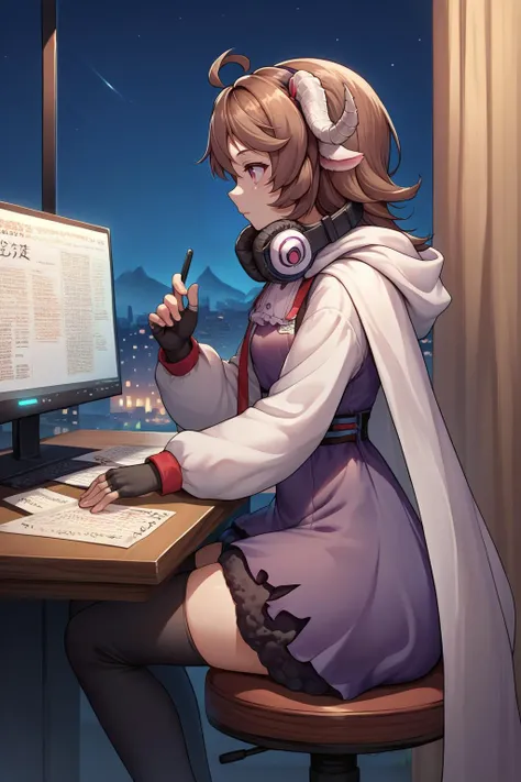 anime girl sitting at a desk with a computer and headphones