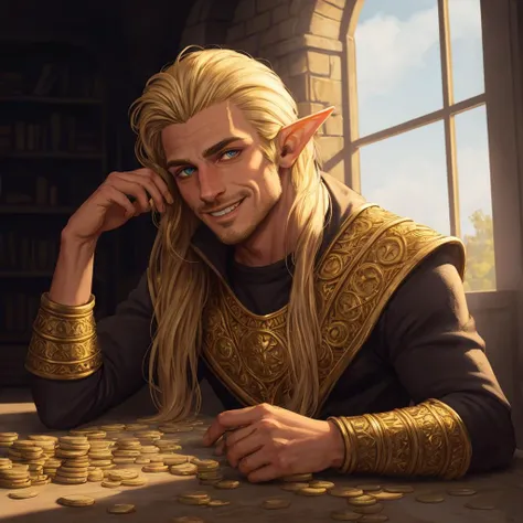 painting of a male elf with long dirty blonde hair, lean, (counting gold coins), smug smile, cocky (bright morning sunlight:1.1), (masterpiece:1.2), (best quality:1.2), (8k), (cinematic lighting), (sharp focus), (intricate) (painterly) (inspired by D&D)