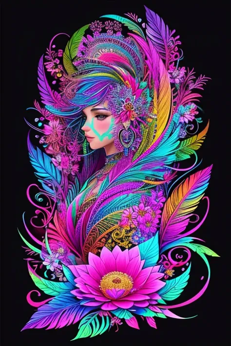 top quality,best quality,art,simple graphics,beautiful and aesthetic,girl,extremely detailed,fractal art,colorful,flowers,highest detailed,zentangle,dynamic pose,abstract dark background,shiny skin,many colors,earrings,feathers,