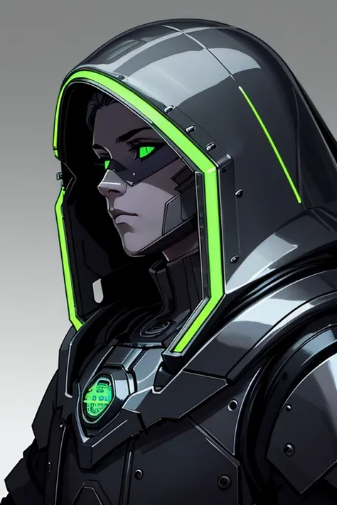 a close up of a person wearing a helmet and a green light