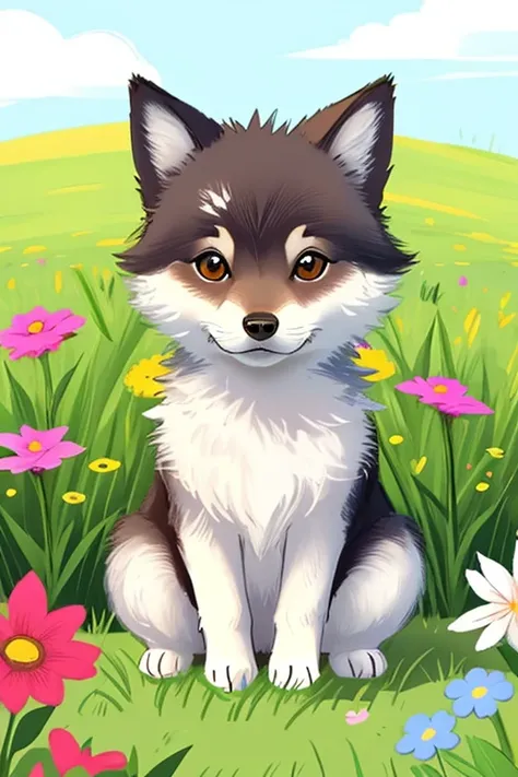 a drawing of a cute little baby wolf surrounded by beautiful flowers in a meadow