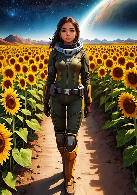 a Honduran girl in a wasteland, explorer suit, alien planet, space, starfield, Sunflower Field