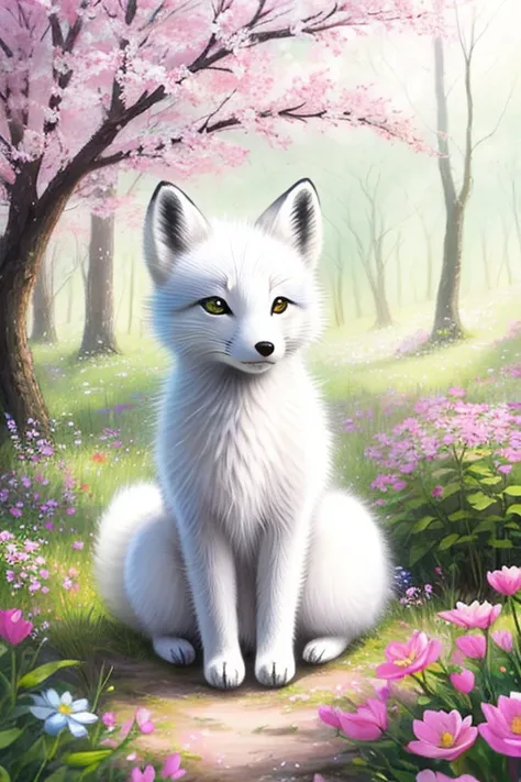 painting of a white fox sitting in a field of flowers