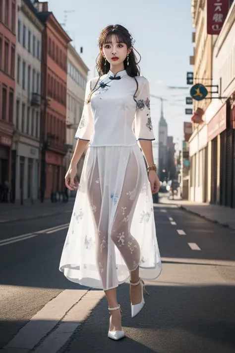 ltra-detailed,highly detailed,best quality,masterpiece,illustration,realistic,
mgftangzhuang, 1girl, solo,cowboy shot, 
chinese clothes,shirt,hair ribbon,short sleeves, see-through sleeves,  see-through, long skirt, strappy heels, 
white shirt, print cloth...