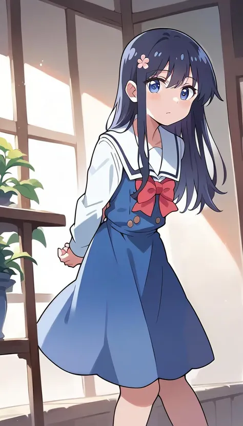 anime girl in a blue dress and red bow tie walking