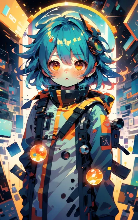 a girl with blue hair and a backpack standing in front of a city