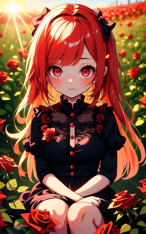 a girl sitting in a field of roses with her eyes open