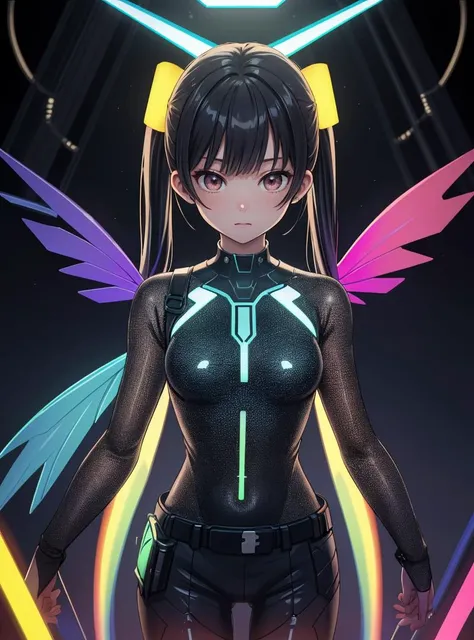 Hologram girl, hologram, no humans, outline only, wireframe, glowing wireframe, pretty girl, rainbow hologram, ð, futuristic, transparent body, void body, only outline neon tube, twintails, low twintails, fluffy hair, rainbow colors, small wings, aesthe...