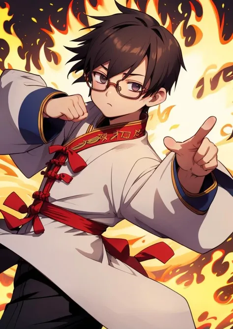 (kawaii style, cute)
1boy, (solo), male, glasses, short hair
<lora:kungfu:1> close up, dynamic pose, fire effect, kungfu