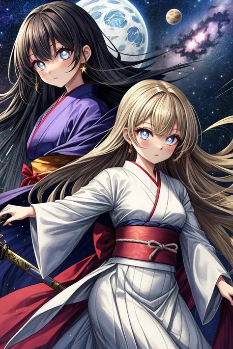 beautiful woman, glowing blue eyes, star shaped pupils
Hoshizora is one of the primordial beings of the universe. She takes the form of a woman, wearing a long Kimono and hakama that completely covers her body, which is patterned with galaxies, stars, plan...