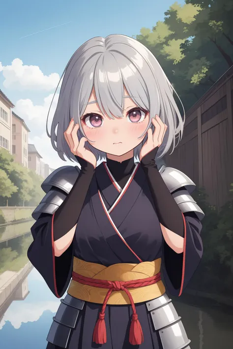 kawaii, cute, (prime adult girl, 1girl, solo, facepalm:1.1), (samurai, samurai armor:1), (upturned_eyes:1), (silver_hair, medium_hair, hair_flaps:1), (midweight body:1), (exiting canal:1),