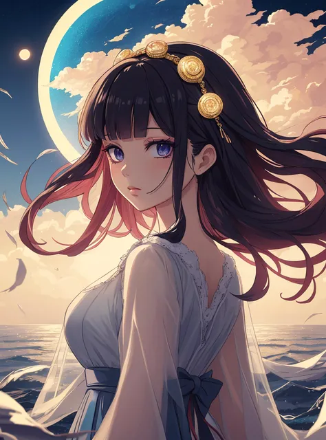 anime girl with long hair and a white dress standing in the ocean