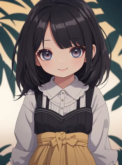 anime girl with black hair and brown dress standing in front of a palm tree