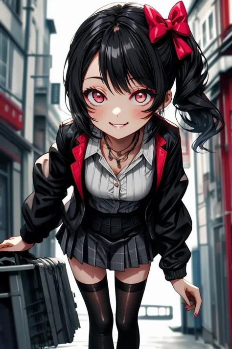 (life-size-body)
(masterpiece), best quality, (((ultra detailed, 8k quality))), expressive eyes, perfect face, perfect anatomy, perfect body, scene, (leaning forward), (street)
dishwasher1910 style, punk, (top, black jacket), (punk skirt), yazawa_nico_love...