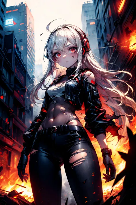 1girl, character focus, looking at viewer, red eyes, long hair, white hair, expressionless, defiant, torn clothes, undead, cyberpunk(theme), cowboy shot, wind, fire, city ruins, fog, dynamic angle, from below, close-up