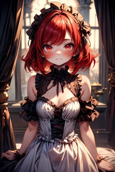 a close up of a woman in a dress with red hair