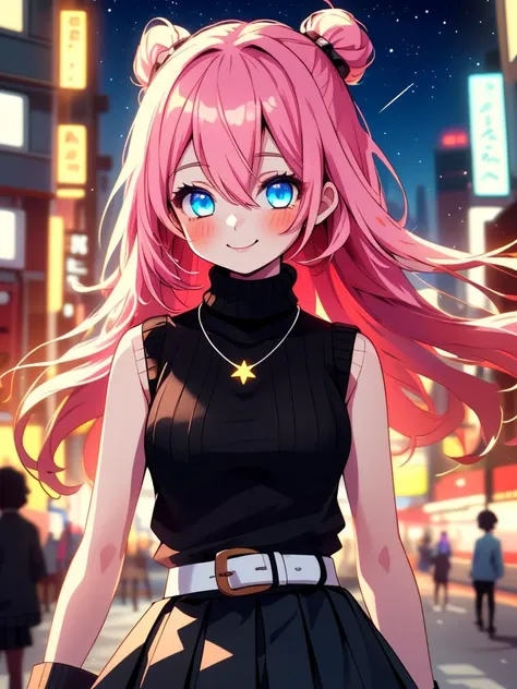 a woman with pink hair and blue eyes standing in the middle of a city