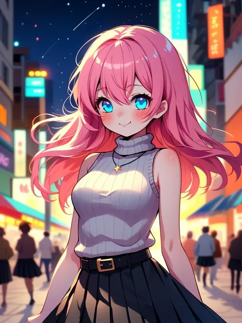 a girl with pink hair and blue eyes standing in a city