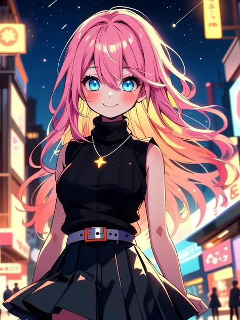 a girl with pink hair and blue eyes standing in a city