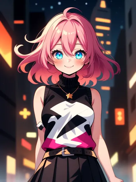 a girl with pink hair and blue eyes standing in a city