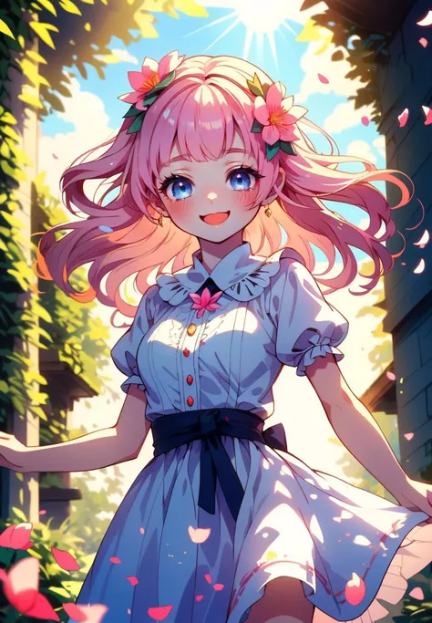 a girl in a dress with pink hair and a flower in her hair