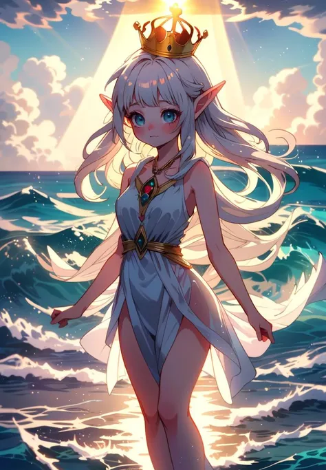 (Ultra-HD-details, discreet, emphasized-details, life-size-body, cutesie)
In the embrace of the day so bright
An elfin maiden, pure and white.
Her hair gleams under the suns bold gaze
A radiant figure amidst the waves.
Upon the sands, she lightly treads
Wh...