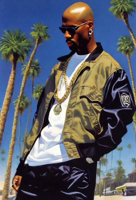 a close up of a man in a jacket and sunglasses standing in front of palm trees