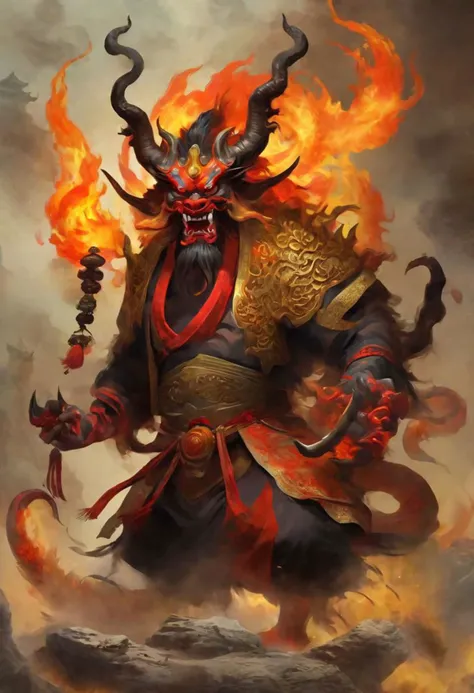 Design a (((Chinese demon))) that embodies the intersection of malevolence and mystique. Its features include intricate horns, ethereal scales, and eyes aflame with otherworldly wisdom. Uncover its origins within ancient Chinese folklore or its place in th...