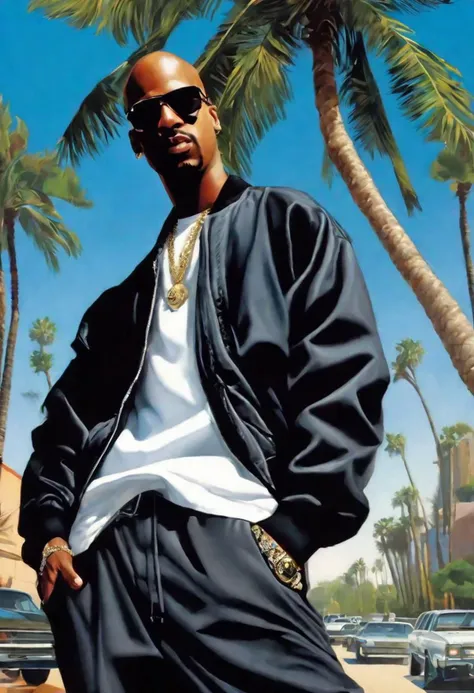 araffe in a black jacket and sunglasses standing in front of a palm tree