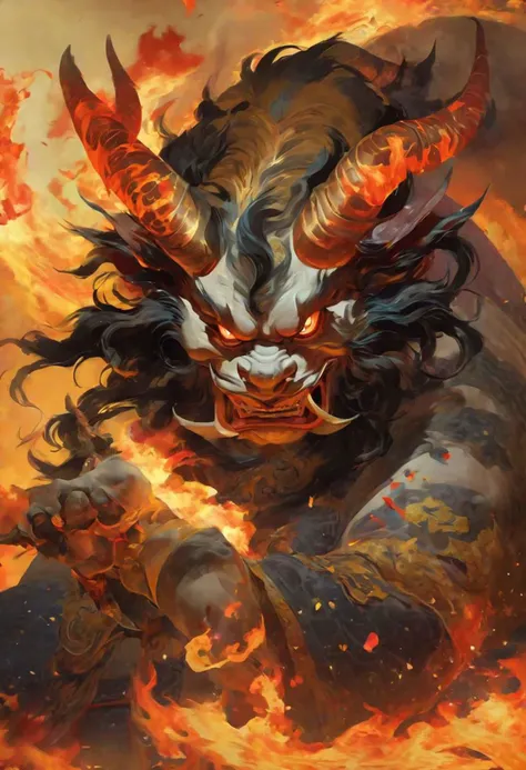 a painting of a demon with a fire face on it