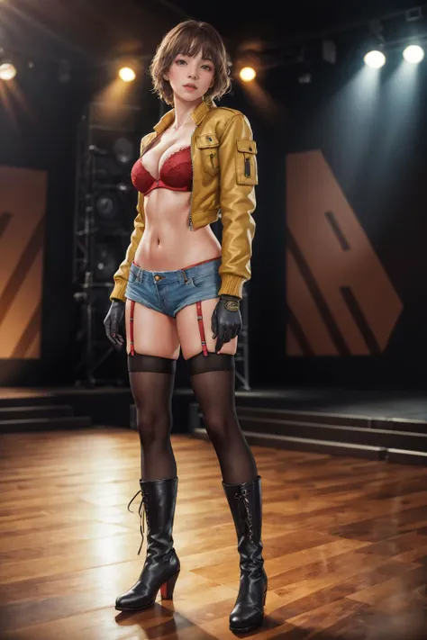 highres,absurdres,masterpiece,best quality,original,extremely detailed CG,extremely detailed wallpaper,perfect lighting,standing on the stage,looking at viewer,1girl,blurry background,bare hands,
<lora:Cropped_Jacket_Shorts_By_Stable_Yogi:0.8>, cropped jac...